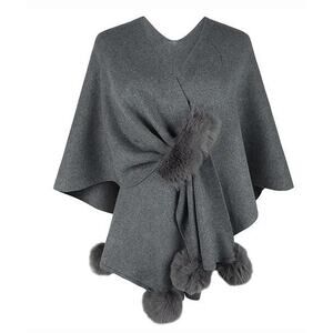 Women Gray Faux Fur Pom Pom Ball Shawl Cape.